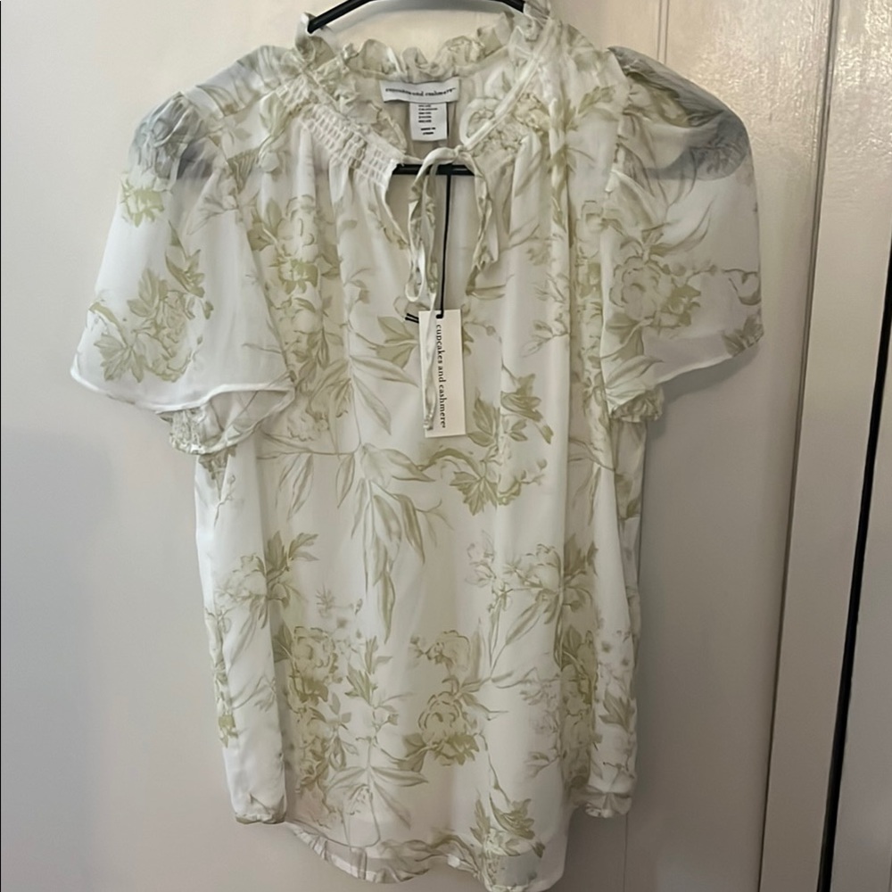 Cupcakes & Cashmere Cream and Green Ruffled Tie-Front Blouse